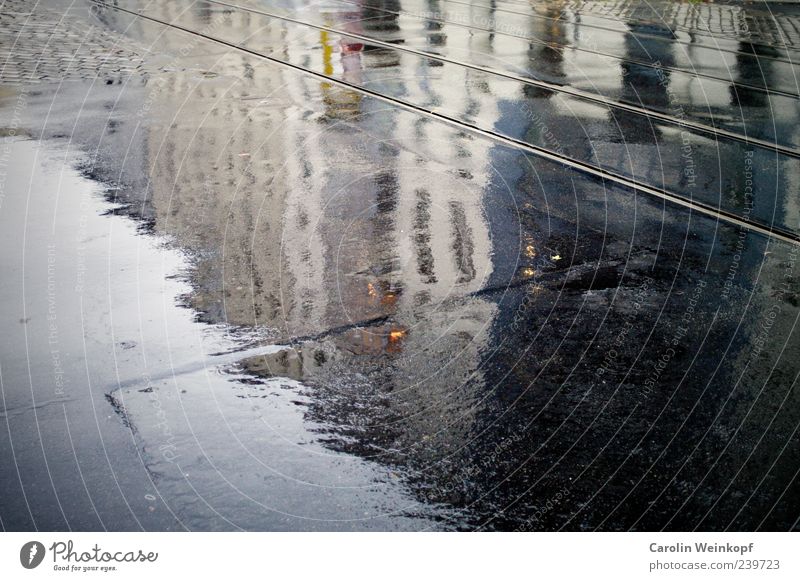 Rainy summer. Europe Deserted House (Residential Structure) Building Loneliness Wet Tram Railroad tracks Street Concrete Colour photo Exterior shot