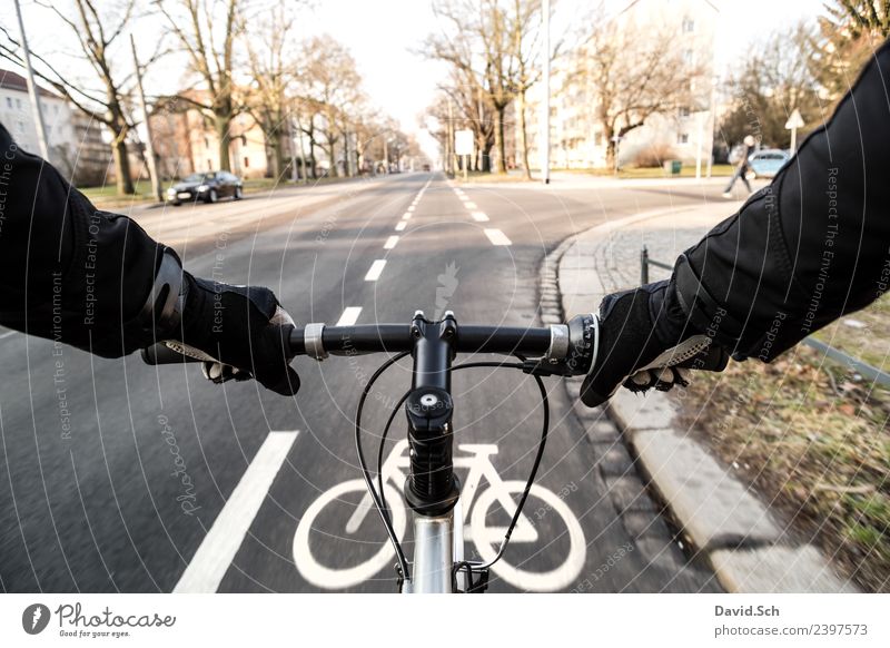 cyclist's perspective Cycling tour Bicycle Human being Hand 1 Beautiful weather Town Transport Means of transport Traffic infrastructure Passenger traffic