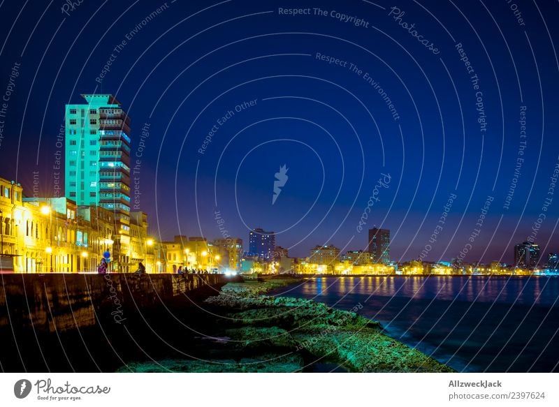 Malekon in Havana at night Island Cuba El Malecón Coast Promenade Skyline Street Night shot Lighting Illuminate Illumination Blue sky Cloudless sky Silhouette