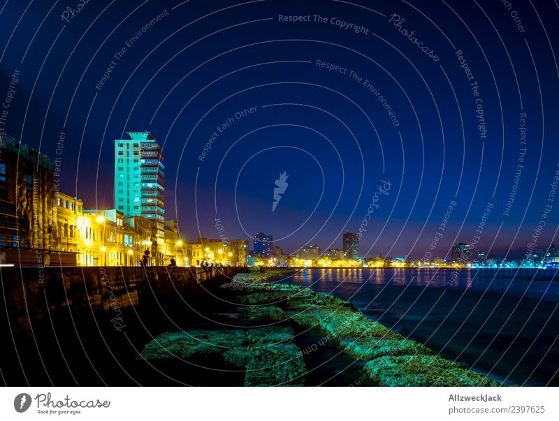 Malekon in Havana at night Island Cuba El Malecón Coast Promenade Skyline Street Night shot Lighting Illuminate Illumination Blue sky Cloudless sky Silhouette