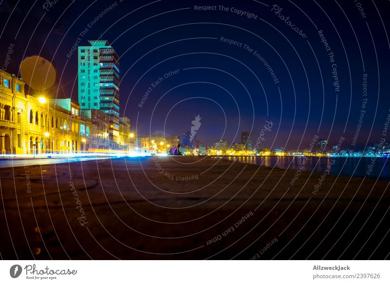 Malekon in Havana at night Island Cuba El Malecón Coast Promenade Skyline Street Night shot Lighting Illuminate Illumination Blue sky Cloudless sky Silhouette