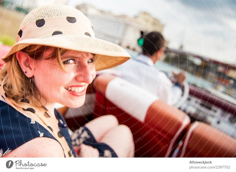 Woman with blue dress and hat in classic car Cuba Havana Island Vacation & Travel Travel photography Trip Sightseeing Driving Highway ramp (exit) Vintage car