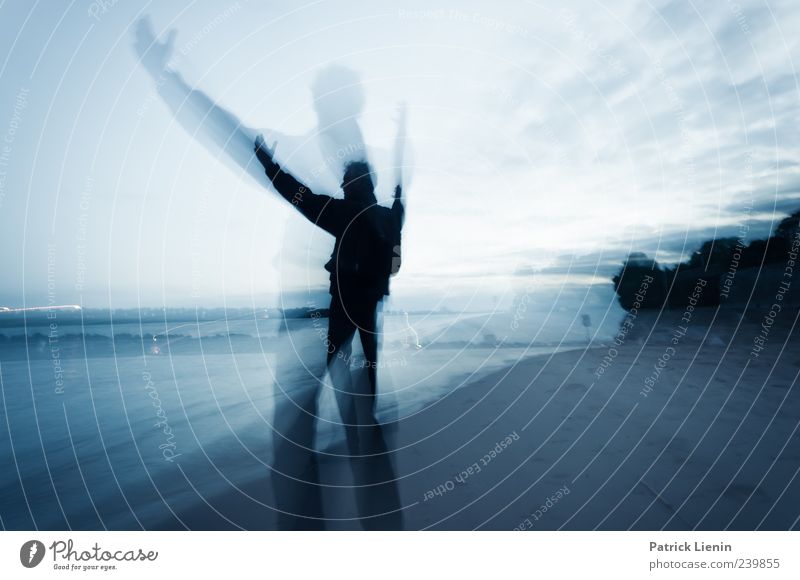 Praise You Beach Human being Masculine Man Adults Arm 1 Environment Nature Sand Clouds River bank Stand Dark Happy Contentment Hope Movement Emotions Belief