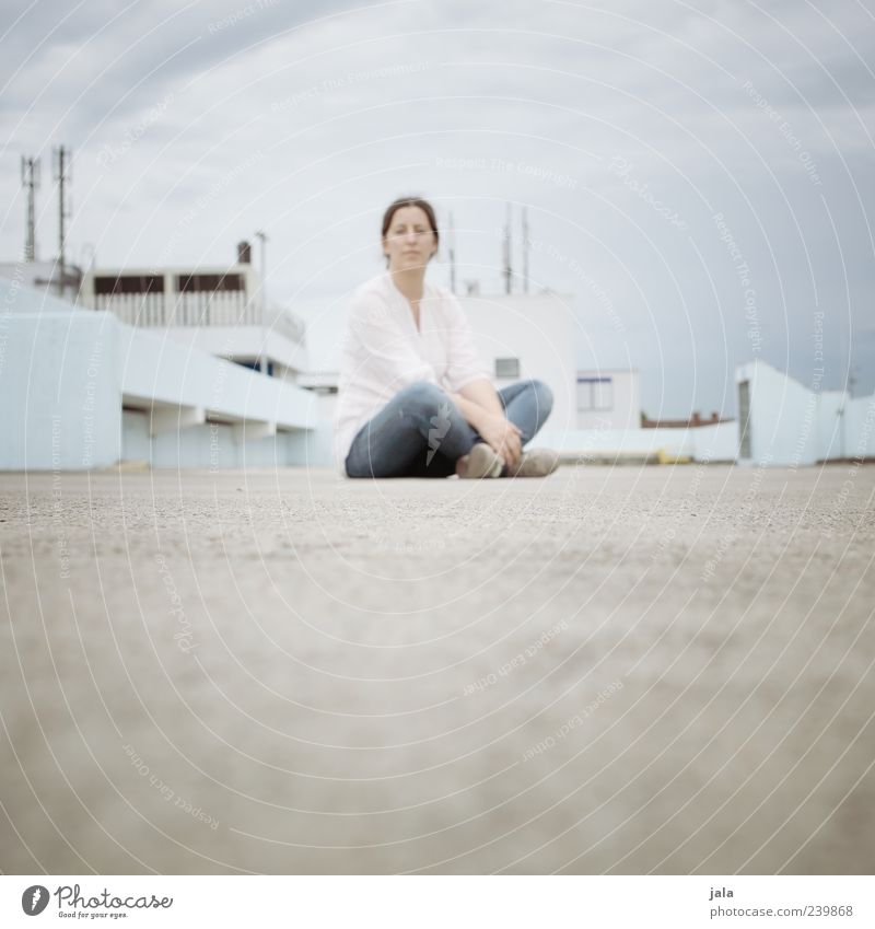 roof cat Human being Feminine Woman Adults 1 30 - 45 years Sky House (Residential Structure) Places Manmade structures Building Sit Colour photo Exterior shot