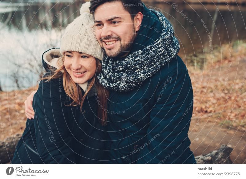 happy couple walking outdoor in autumn forest Lifestyle Joy Vacation & Travel Family & Relations Friendship Couple Nature Autumn Warmth Tree Forest Bridge