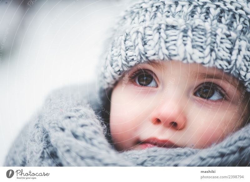 baby girl in knitted scarf walking in winter forest Style Joy Happy Beautiful Playing Knit Winter Snow Child Infancy Weather Forest Fashion Coat Scarf Hat