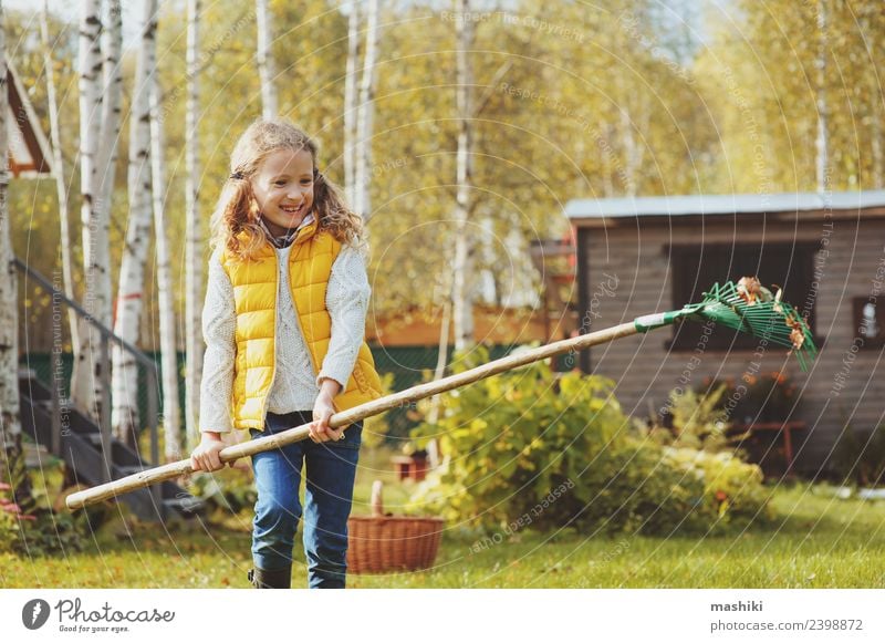 happy child girl raking autumn leaves Joy Playing Garden Child Work and employment Gardening Tool Autumn Tree Grass Leaf Natural Yellow help Gardener Helper kid