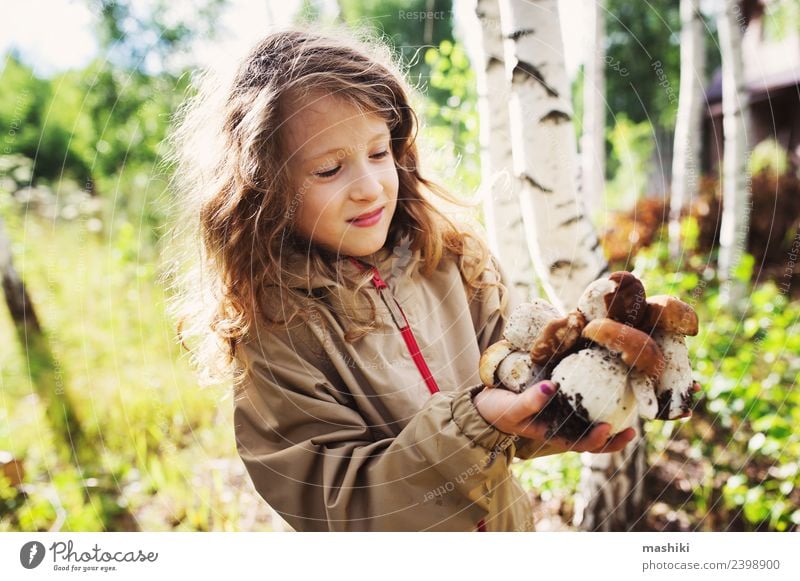 child girl picking wild mushrooms Child Girl 8 - 13 years Infancy Nature Plant Summer Autumn Tree To enjoy Hunting Smiling Walking Mushroom picker Forest