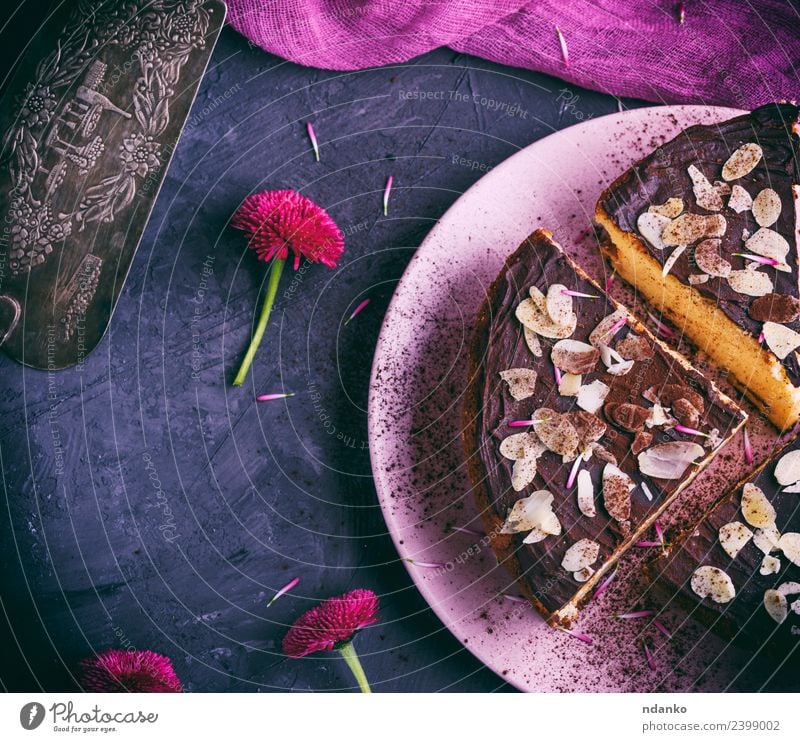 three pieces of cheesecake Cheese Dessert Candy Plate Restaurant Flower Eating Fresh Delicious Above Pink Black White Almond background Baking Bakery chocolate