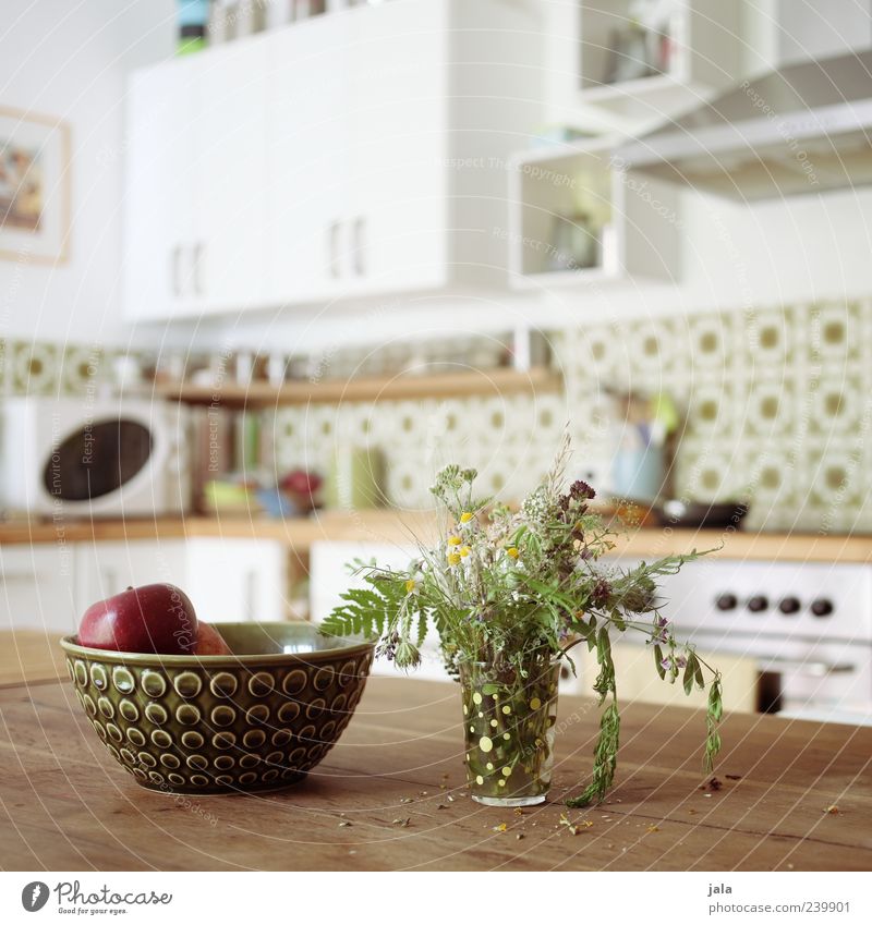 kitchen Fruit Apple Bowl Living or residing Flat (apartment) Decoration Table Kitchen Vase Bouquet Friendliness Bright Brown Green White Colour photo