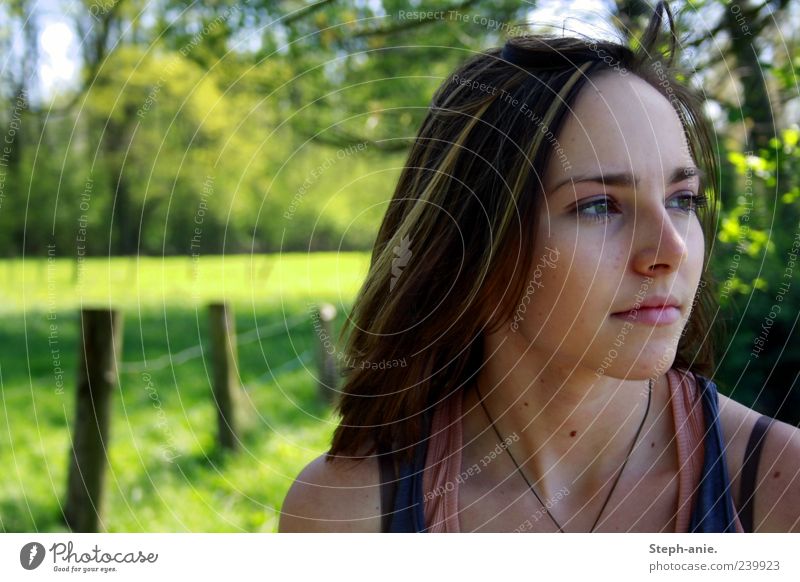 Hope & Peace. Feminine Young woman Youth (Young adults) 1 Human being Nature Summer Beautiful weather Meadow Observe Think Looking Natural Green Curiosity