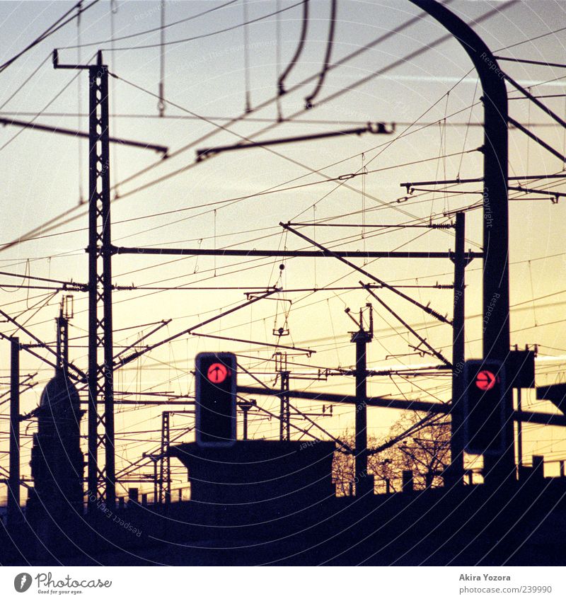 top right Traffic light Catenary pole Transport Traffic infrastructure Rail transport Illuminate Blue Yellow Red Colour photo Exterior shot Detail Deserted