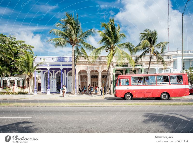 Public transport on the roads of Cienfuegos Cuba Vacation & Travel Travel photography Street Town Deserted Vintage car Bus Parking Car Summer Blue sky Clouds