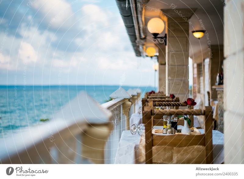 Dining table with sea view in Cienfuegos Cuba Vacation & Travel Travel photography Town Deserted Summer Blue sky Clouds Ocean Water Horizon Extinct Still Life