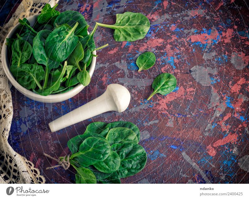 fresh green spinach leaves Vegetable Lettuce Salad Nutrition Vegetarian diet Diet Plate Bowl Table Nature Plant Leaf Wood Fresh Natural Green White mortar Raw