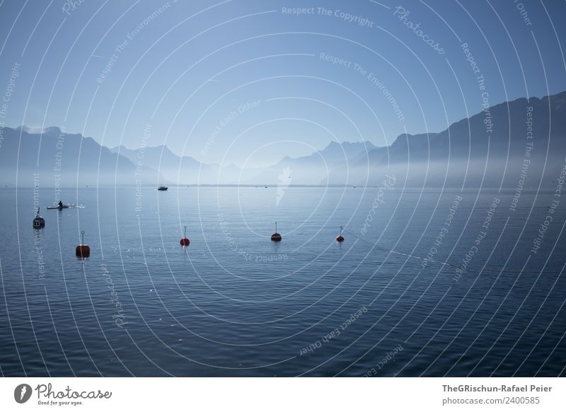 Lake Geneva Environment Nature Landscape Blue Gray Black Water Mountain Haze Buoy Sky Colour photo Exterior shot Deserted Copy Space top Copy Space bottom Day