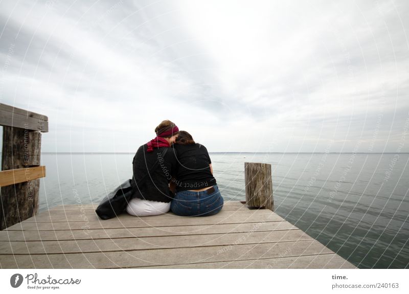 the secret Human being Feminine Woman Adults Back 2 45 - 60 years Landscape Sky Horizon Coast Friendship Trust Rear view Sit Footbridge Near Together Attachment