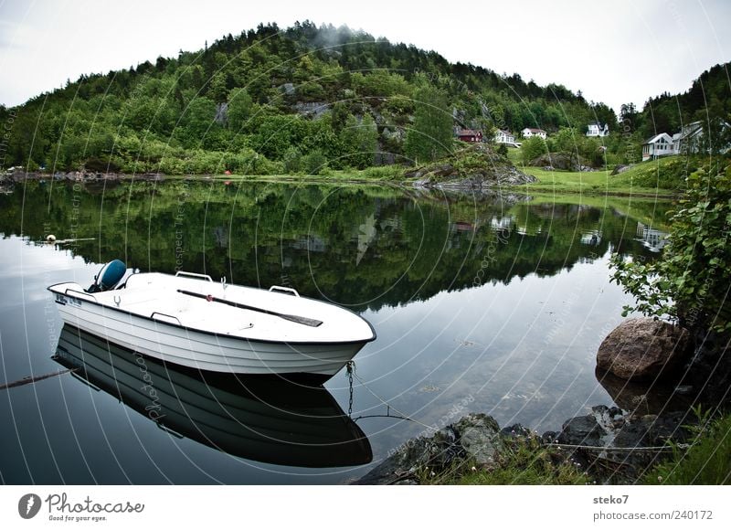 lake of mirrors Forest Hill Lakeside House (Residential Structure) Rowboat Green White Calm Stagnating Norway Travel photography Card Drop anchor Colour photo