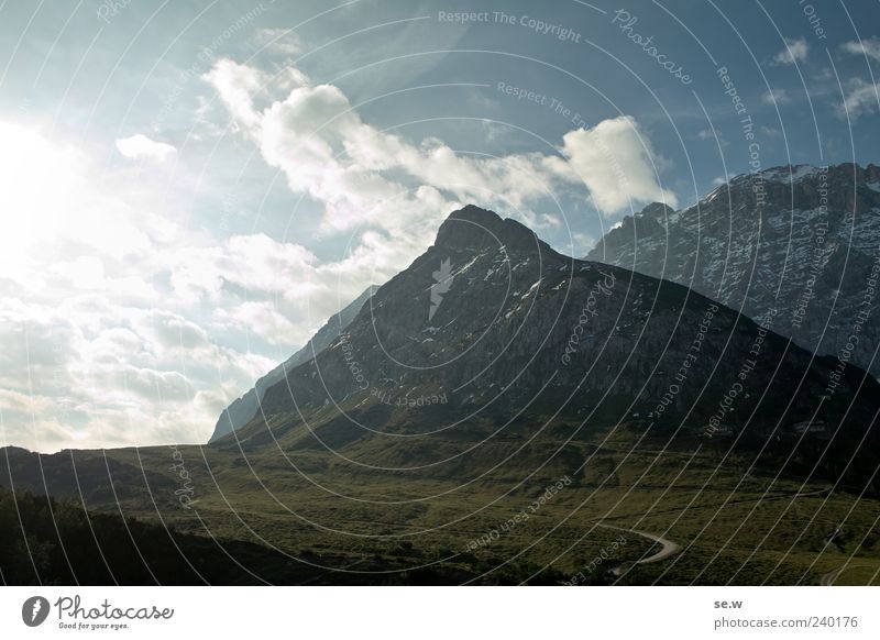 morning-hour Landscape Sky Clouds Sun Sunlight Summer Beautiful weather Alps Mountain Karwendelgebirge Birkkar Spitz Chalk alps Peak Snowcapped peak