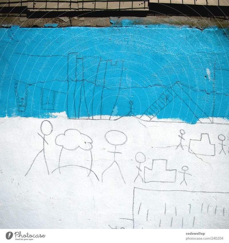 lowryesque Playground Wall (barrier) Wall (building) Playing Joy Mural painting Blue White Infancy matchstickmen City life Art Cloudless sky Colour photo