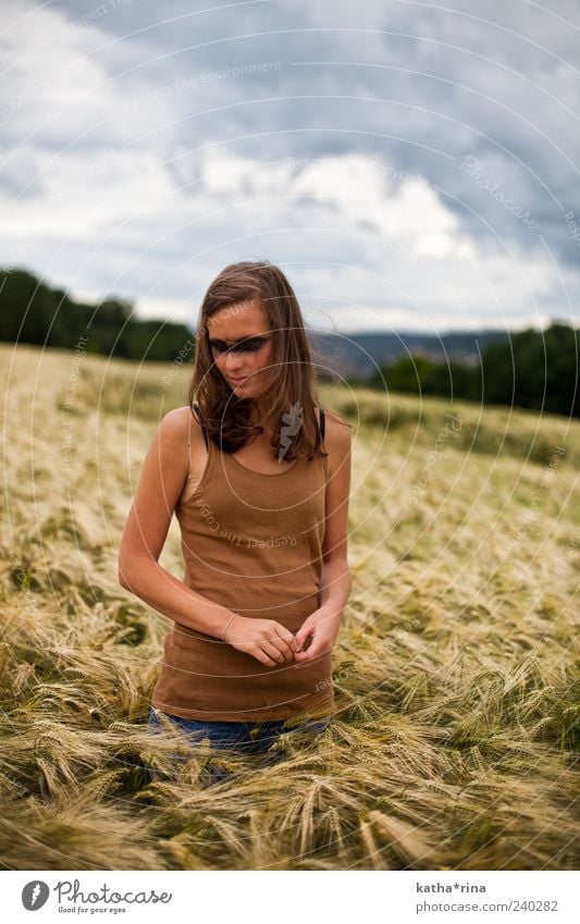 mystic Human being Feminine Young woman Youth (Young adults) 1 18 - 30 years Adults Clouds Summer Field Brunette Part Thin Emotions Surrealism Long-haired