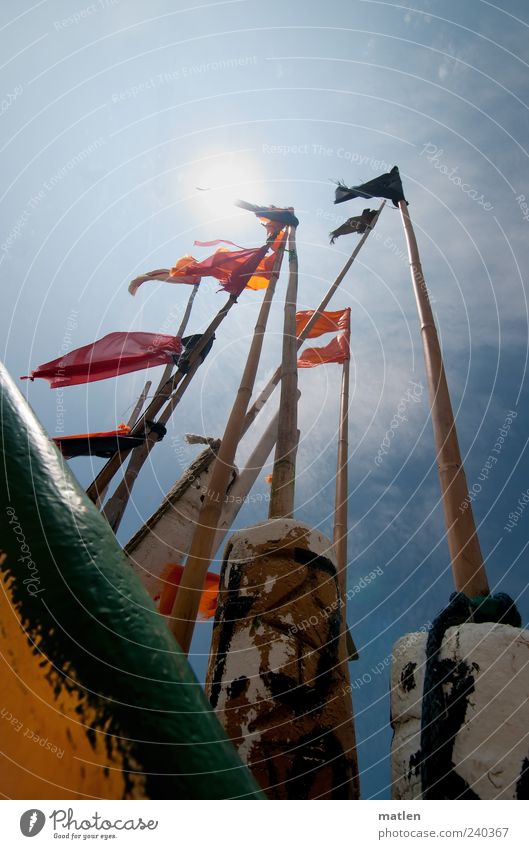 solar wind Fishing boat Blue Multicoloured Perspective boat's edge Judder Bamboo stick Exterior shot Copy Space top Day Sunlight Sunbeam Back-light Deserted