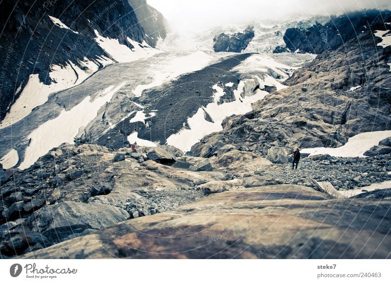 tip of the tongue Fog Peak Glacier Gloomy Brown Gray Norway Scree Hiking Small Subdued colour Exterior shot Rear view Human being Loneliness