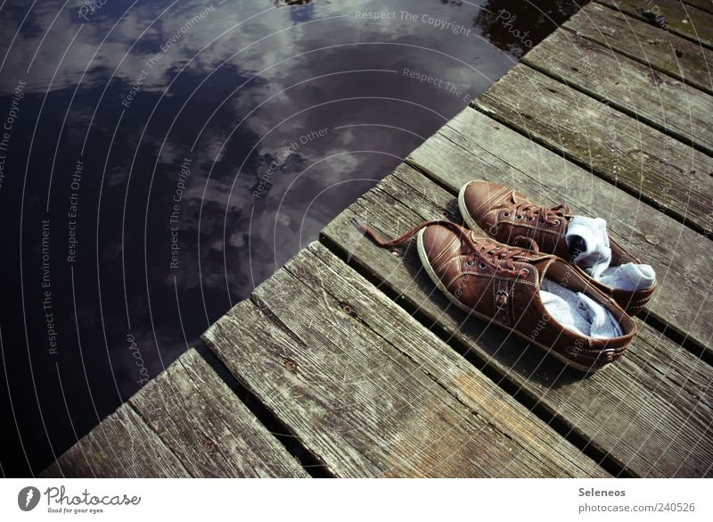 Break at the lake Vacation & Travel Summer Water Sky Clouds Beautiful weather Lake Stockings Footwear Natural Footbridge Wood Colour photo Exterior shot Day