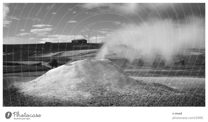 mini volcano Clouds Hot Iceland High plain Moody Source Water Black & white photo Smoke