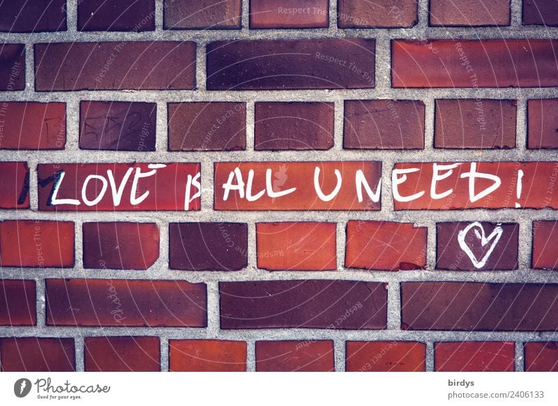 Love is all you need Wall (barrier) Wall (building) Brick wall Characters Heart Authentic Positive Brown Red White Emotions Joie de vivre (Vitality) Success