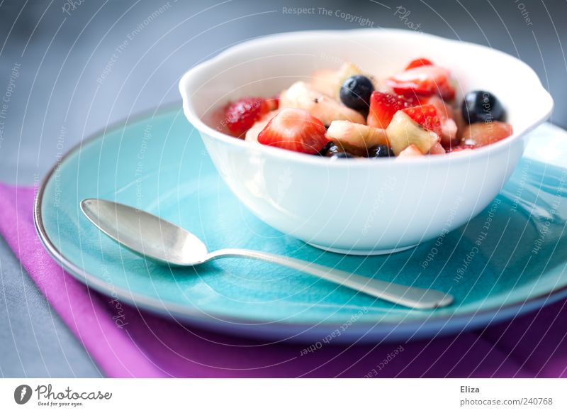 snack between meals Fruit Nutrition Fresh Healthy Delicious Fruit salad Vegetarian diet Dessert Plate Spoon Crockery Napkin Bowl Vitamin-rich Subdued colour