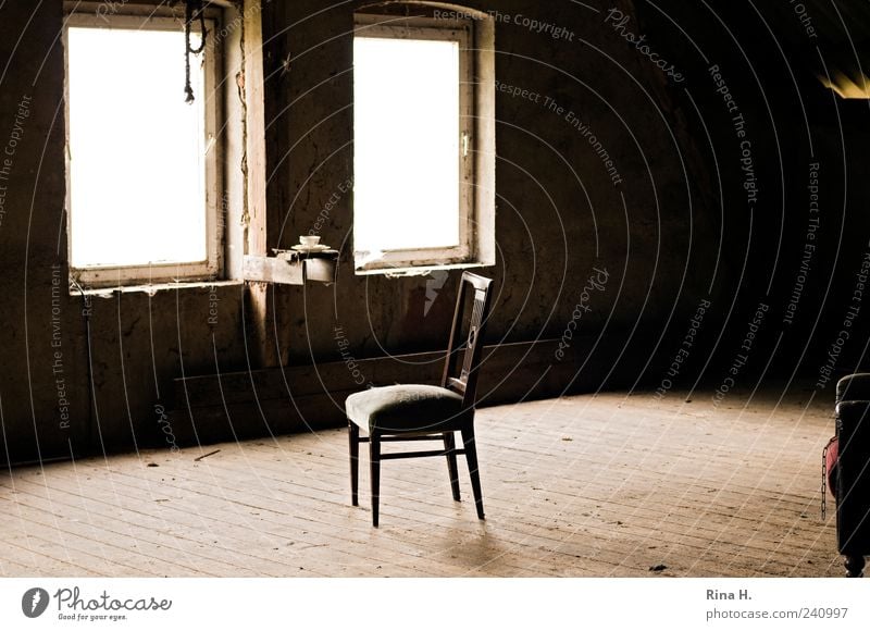 Tea for One Chair Attic Floor covering Wooden floor Window Dirty Interior shot Deserted Light Back-light Shallow depth of field