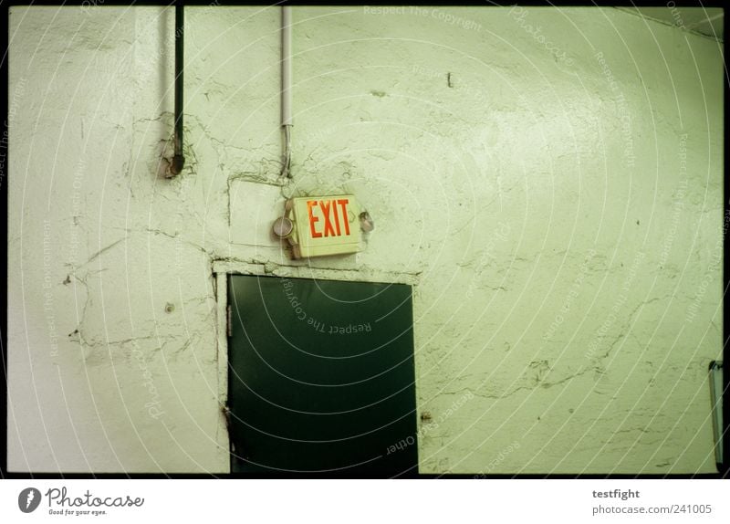 exit through the... Characters Old Trashy Way out Signs and labeling Wall (building) Colour photo Interior shot Tilt Letters (alphabet) Door Deserted Red