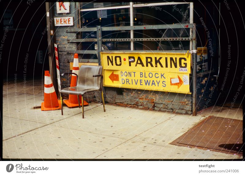 Parking Forbidden Services Craft (trade) Town Work and employment Workshop Signage Prohibition sign USA New York City Traffic cone Sidewalk Colour photo