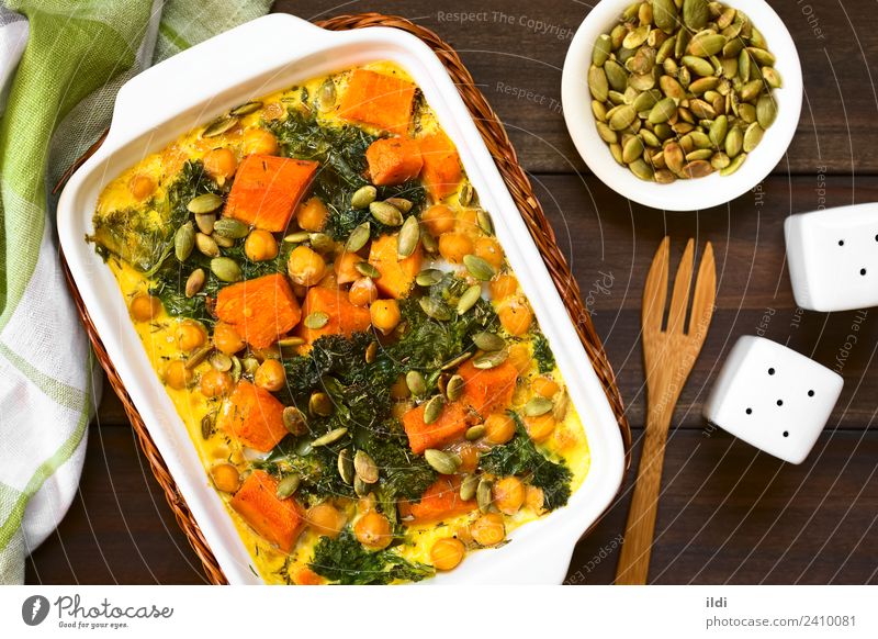 Pumpkin, Kale and Chickpea Casserole Vegetable Vegetarian diet Healthy food squash orange kale cabbage Chickpeas garbanzo legume Pulse seed pepita casserole egg