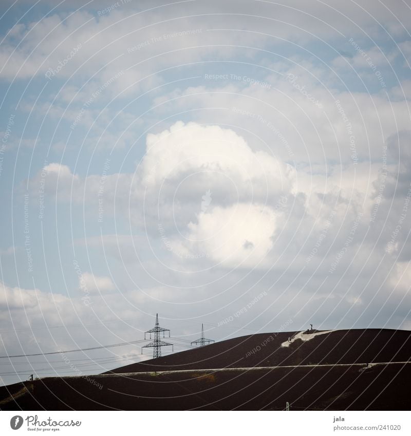 landfill Landscape Sky Clouds Hill Electricity pylon Infinity Blue Black White Colour photo Exterior shot Deserted Copy Space top Day Copy Space middle