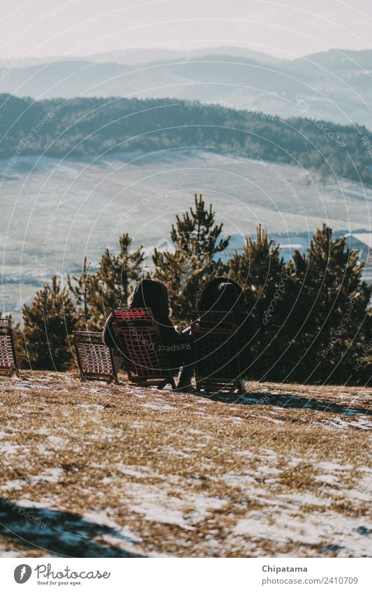 Enjoying mountain view Human being Parents Adults Friendship Couple 2 Nature Landscape Sky Clouds Winter Rock Alps Mountain Peak Hang Lie Vacation & Travel