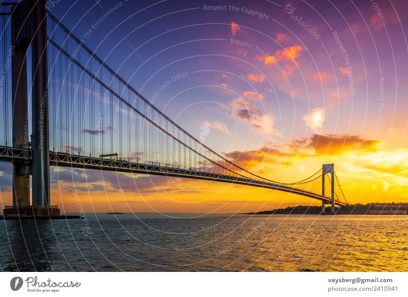 Sunset over the Verrazano bridge Nature Landscape Water Sky Clouds Night sky Sunrise Weather Beautiful weather Park River bank Ocean USA Town Capital city