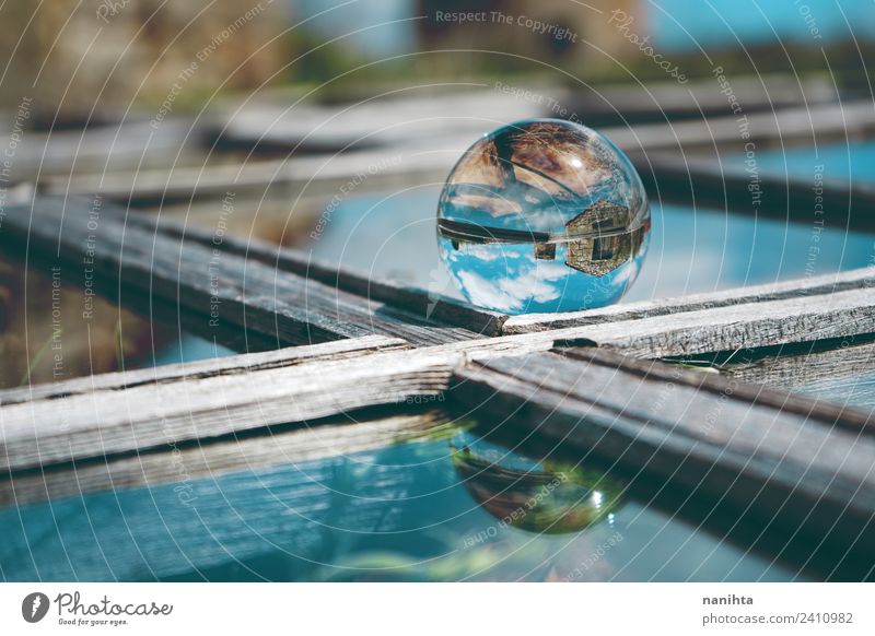 Abstract image of an old house reflected in a crystal ball Style Design Environment Nature Sky Clouds Village House (Residential Structure) Window Lens