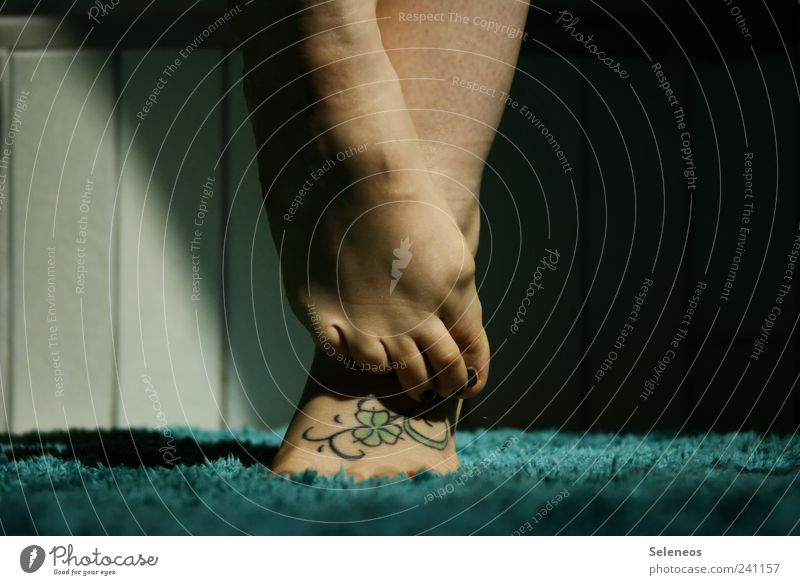 barefoot Living or residing Flat (apartment) Bathroom Human being Feminine Legs Feet 1 Soft Tattoo Tattooed Tile Carpet Cloverleaf Colour photo Interior shot