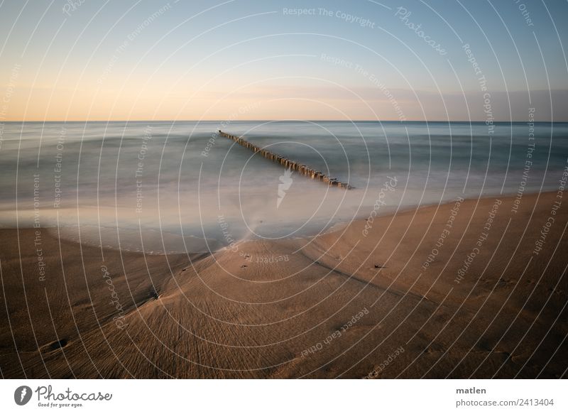 Austrian Landscape Sand Water Sky Horizon Beautiful weather Waves Coast Beach Baltic Sea Deserted Esthetic Maritime Blue Brown Pink White Break water Surf