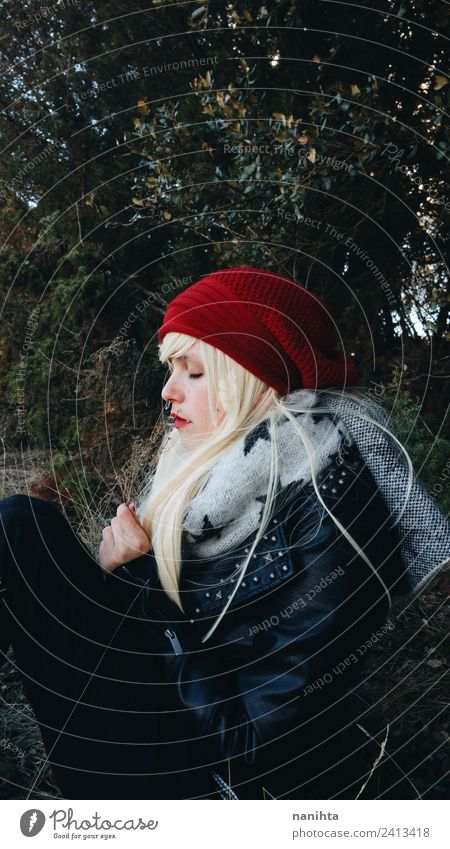 Young blonde woman meditating in the forest Lifestyle Style Wellness Harmonious Senses Relaxation Calm Meditation Fragrance Human being Feminine Young woman