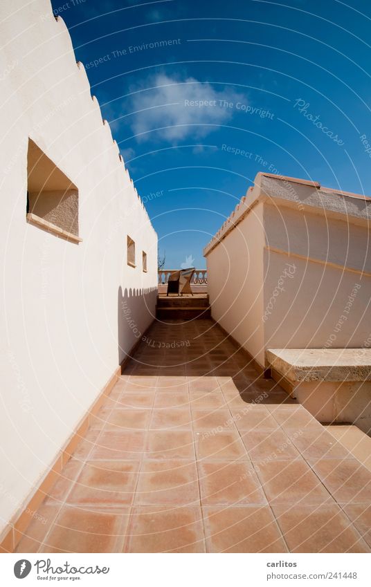 A place in the sun Sky Summer Beautiful weather Warmth Wall (barrier) Wall (building) Terrace Roof Esthetic Sharp-edged Blue Brown White Perspective Symmetry