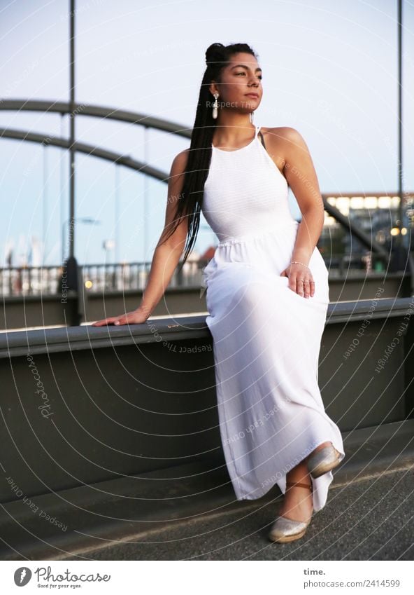 Nikoliya Feminine Woman Adults 1 Human being Hamburg Bridge Dress Brunette Long-haired Braids Observe To hold on Looking Sit Wait Elegant Beautiful