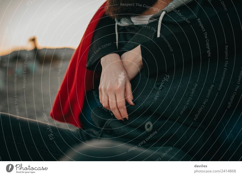 Close up detail of white woman hands embracing a man from behind. Lifestyle Vacation & Travel Human being Woman Adults Man Couple Partner Hand 2 18 - 30 years