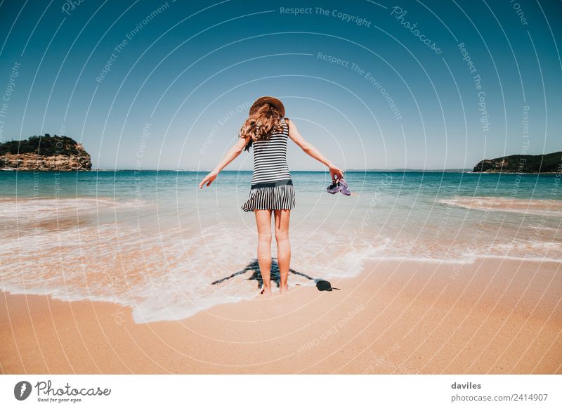 Woman with a dress and a hat walking into the beach water in Maitland bay, NSW, Australia. Lifestyle Vacation & Travel Tourism Adventure Beach Ocean Human being