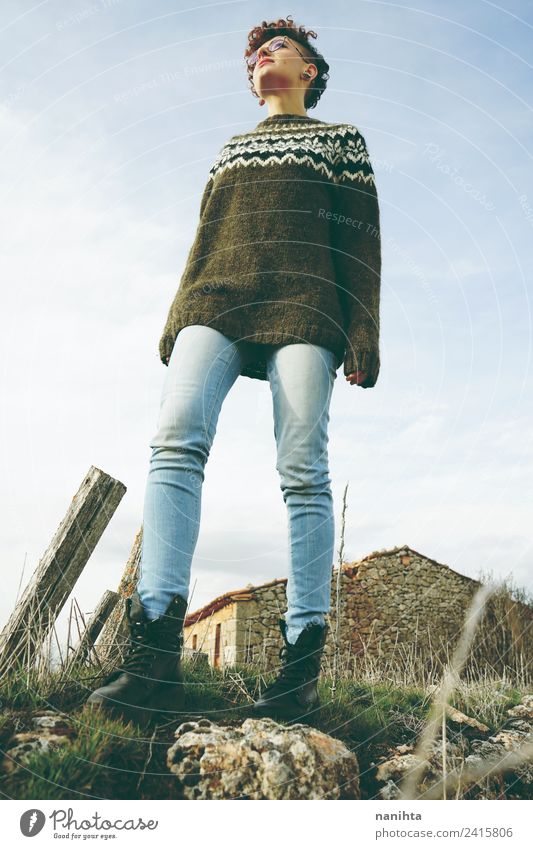 Low view of a young woman in nature Lifestyle Style Wellness Calm Adventure Freedom Human being Feminine Androgynous Young woman Youth (Young adults) 1