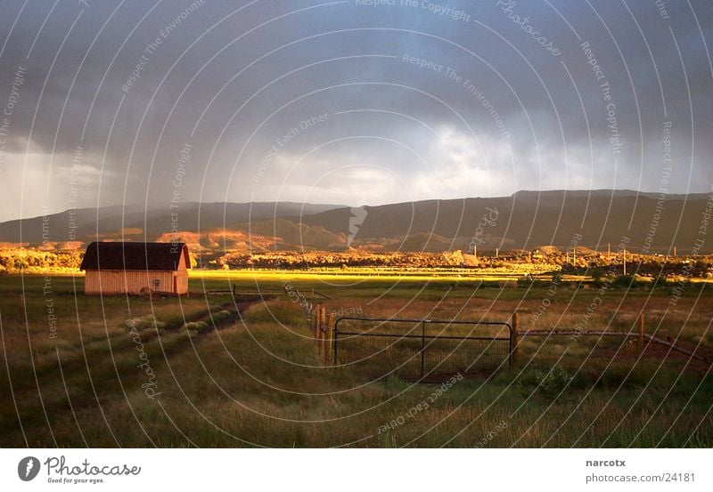 sundown Forest Meadow House (Residential Structure) Loneliness Clouds Twilight Americas Pasture Barn Hut Sun Rain