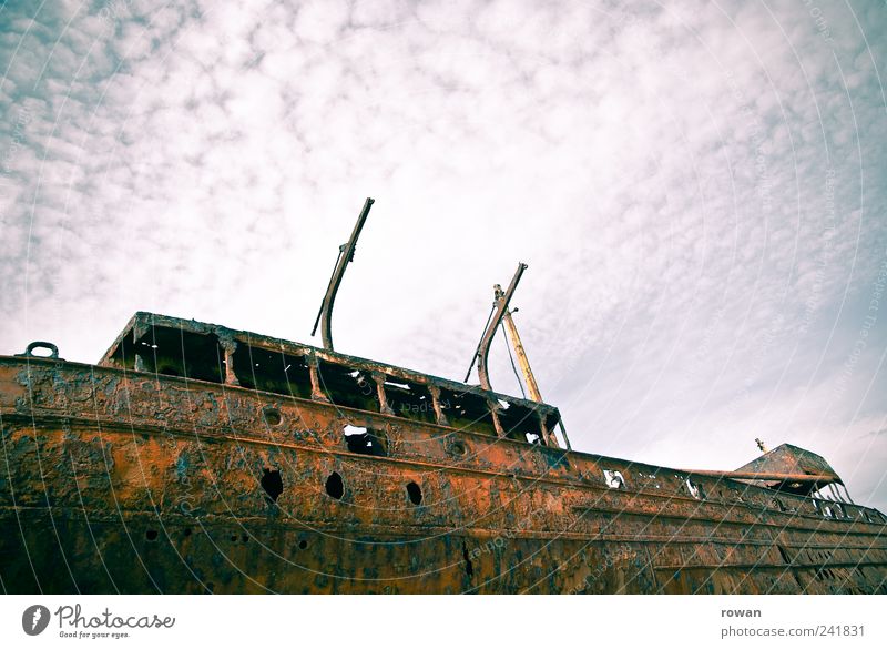 wreck Navigation Boating trip Container ship Motorboat Watercraft Threat Dark Creepy Broken Gloomy Scrap metal Wreck Rust Old Transience Colour photo