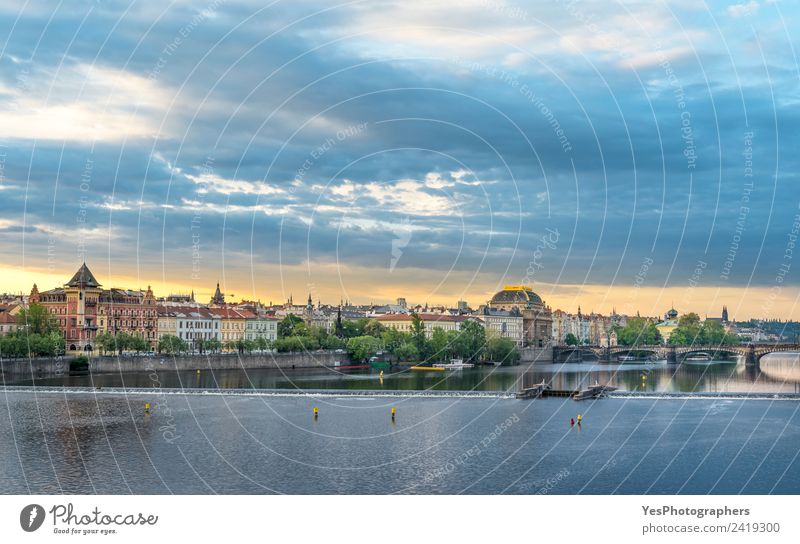 Vltava river and Prague City at sunrise Lifestyle Beautiful Vacation & Travel Summer Art Landscape Old town Bridge Building Architecture Tourist Attraction Gold